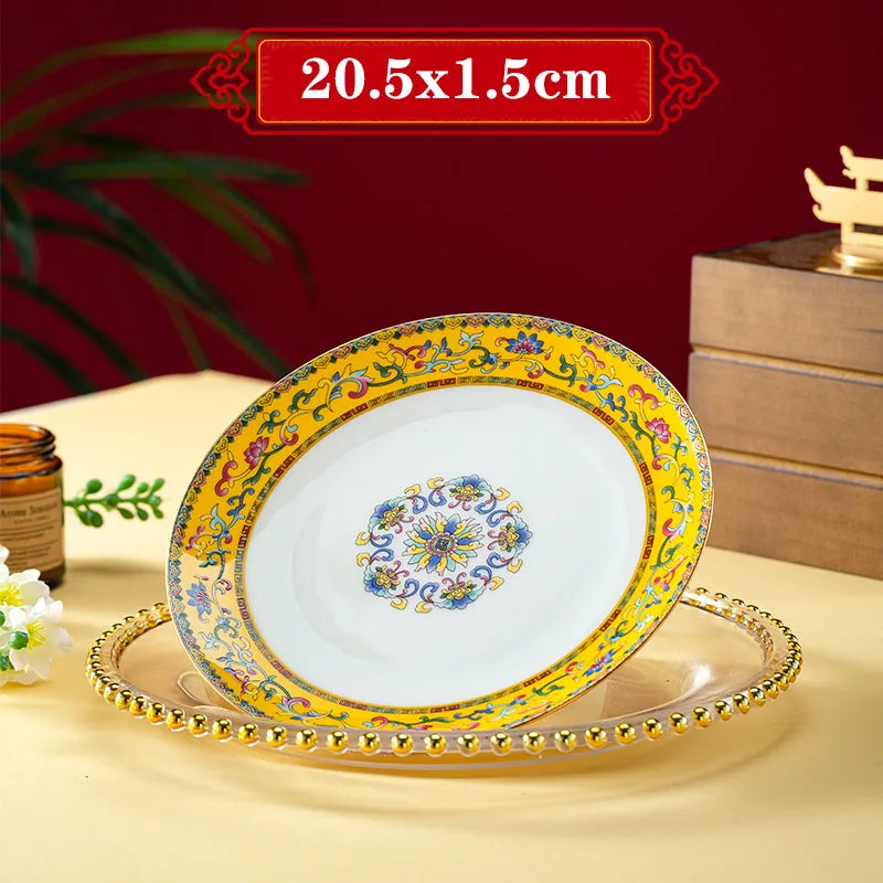 Light Luxury Gold Stroke Ceramic Dinner Plate Flower Relief Enamel Dish Bone China Western Plates Dishes Household Tableware