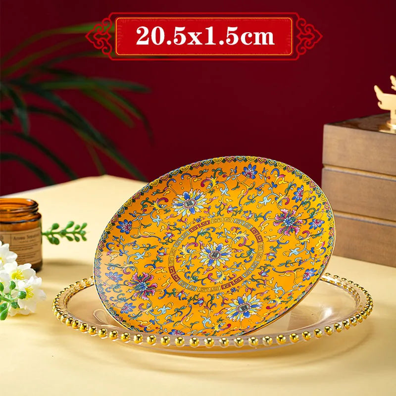 Light Luxury Gold Stroke Ceramic Dinner Plate Flower Relief Enamel Dish Bone China Western Plates Dishes Household Tableware