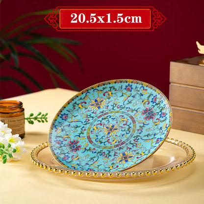 Light Luxury Gold Stroke Ceramic Dinner Plate Flower Relief Enamel Dish Bone China Western Plates Dishes Household Tableware