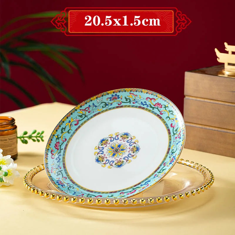 Light Luxury Gold Stroke Ceramic Dinner Plate Flower Relief Enamel Dish Bone China Western Plates Dishes Household Tableware