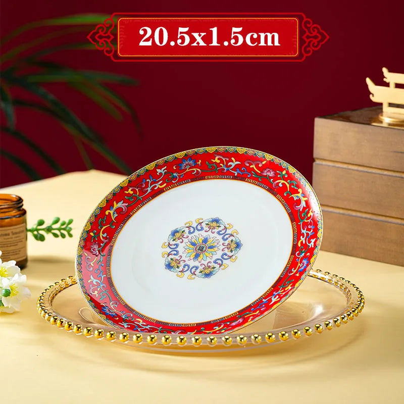 Light Luxury Gold Stroke Ceramic Dinner Plate Flower Relief Enamel Dish Bone China Western Plates Dishes Household Tableware