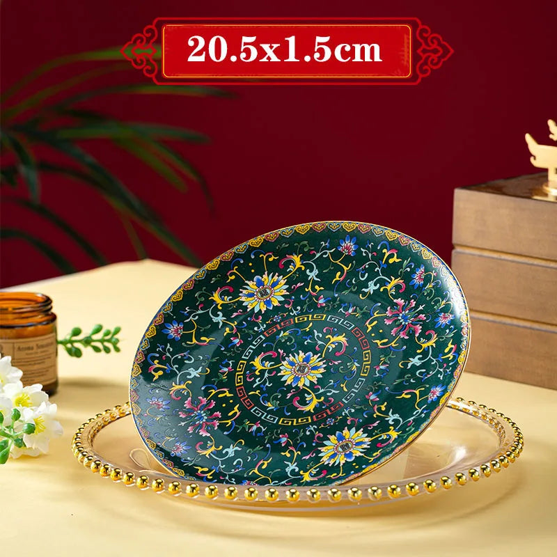 Light Luxury Gold Stroke Ceramic Dinner Plate Flower Relief Enamel Dish Bone China Western Plates Dishes Household Tableware