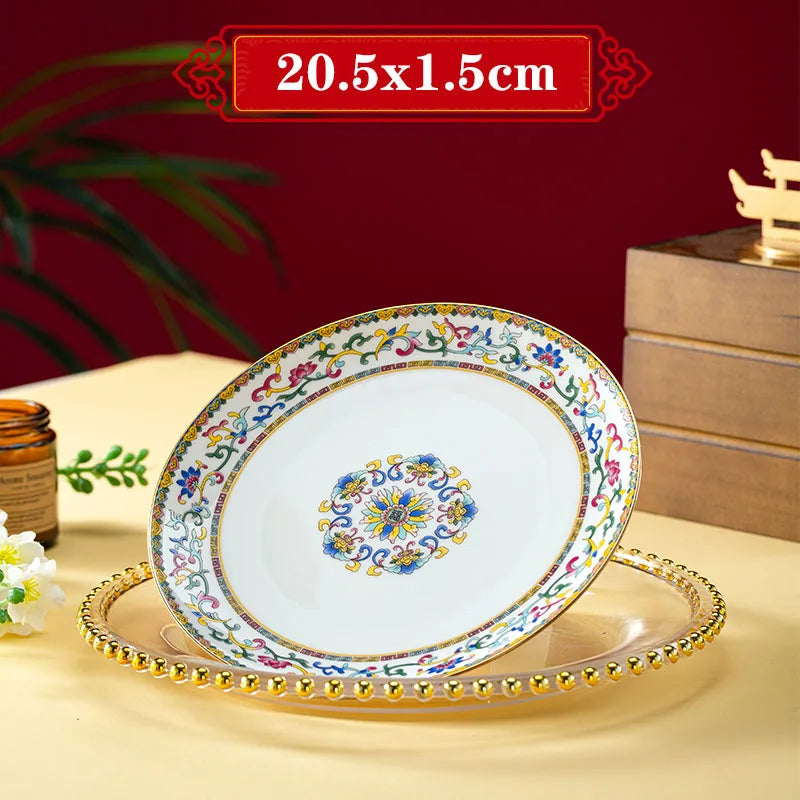 Light Luxury Gold Stroke Ceramic Dinner Plate Flower Relief Enamel Dish Bone China Western Plates Dishes Household Tableware
