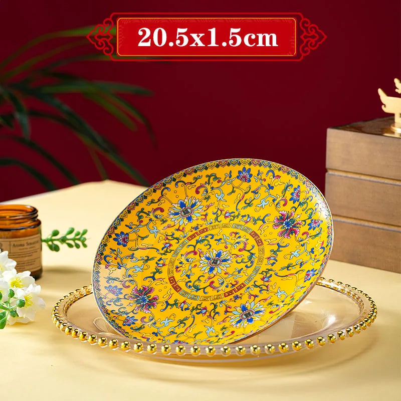 Light Luxury Gold Stroke Ceramic Dinner Plate Flower Relief Enamel Dish Bone China Western Plates Dishes Household Tableware