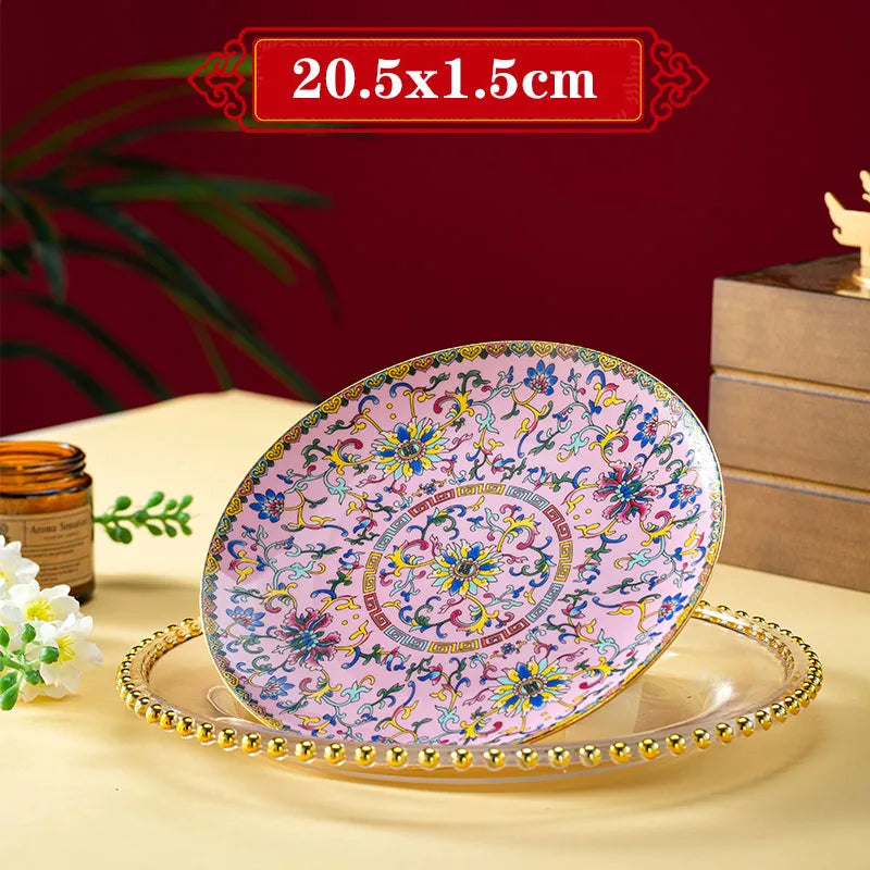 Light Luxury Gold Stroke Ceramic Dinner Plate Flower Relief Enamel Dish Bone China Western Plates Dishes Household Tableware