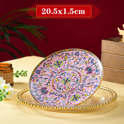 Light Luxury Gold Stroke Ceramic Dinner Plate Flower Relief Enamel Dish Bone China Western Plates Dishes Household Tableware