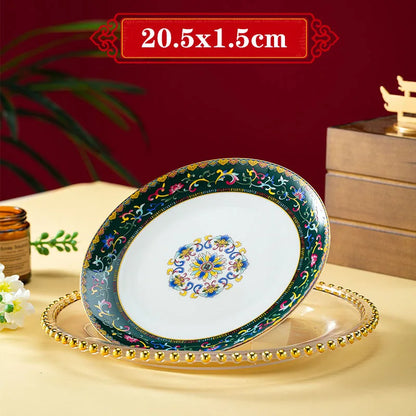 Light Luxury Gold Stroke Ceramic Dinner Plate Flower Relief Enamel Dish Bone China Western Plates Dishes Household Tableware