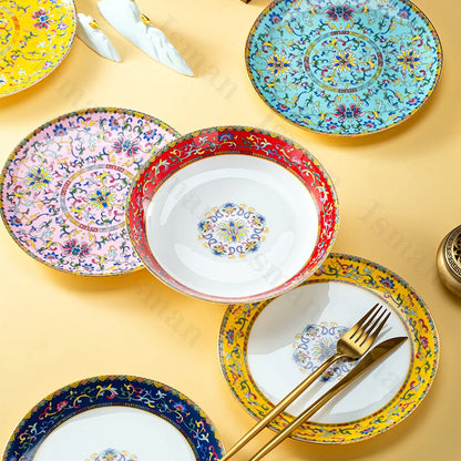Light Luxury Gold Stroke Ceramic Dinner Plate Flower Relief Enamel Dish Bone China Western Plates Dishes Household Tableware