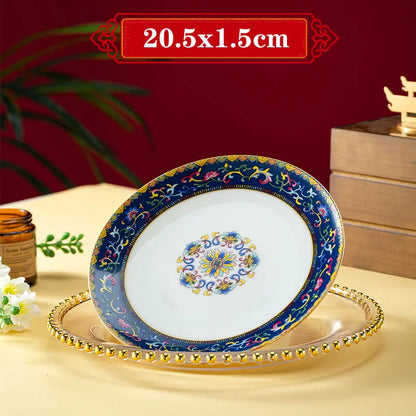 Light Luxury Gold Stroke Ceramic Dinner Plate Flower Relief Enamel Dish Bone China Western Plates Dishes Household Tableware
