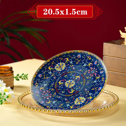 Light Luxury Gold Stroke Ceramic Dinner Plate Flower Relief Enamel Dish Bone China Western Plates Dishes Household Tableware