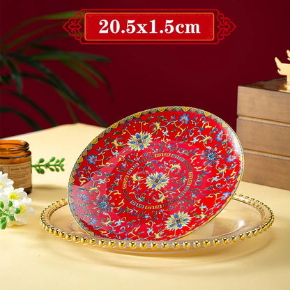 Light Luxury Gold Stroke Ceramic Dinner Plate Flower Relief Enamel Dish Bone China Western Plates Dishes Household Tableware