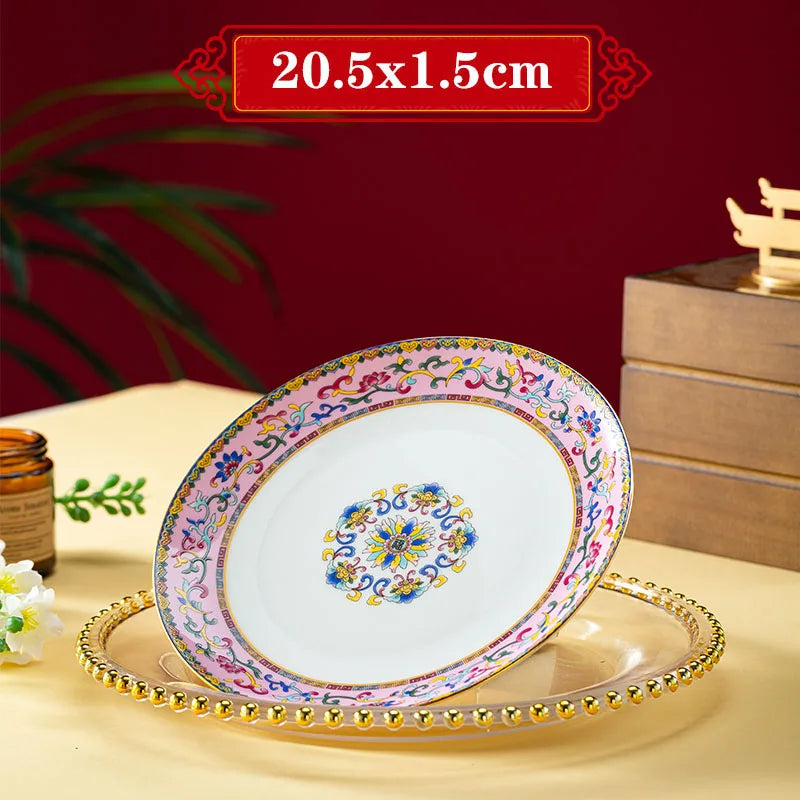 Light Luxury Gold Stroke Ceramic Dinner Plate Flower Relief Enamel Dish Bone China Western Plates Dishes Household Tableware