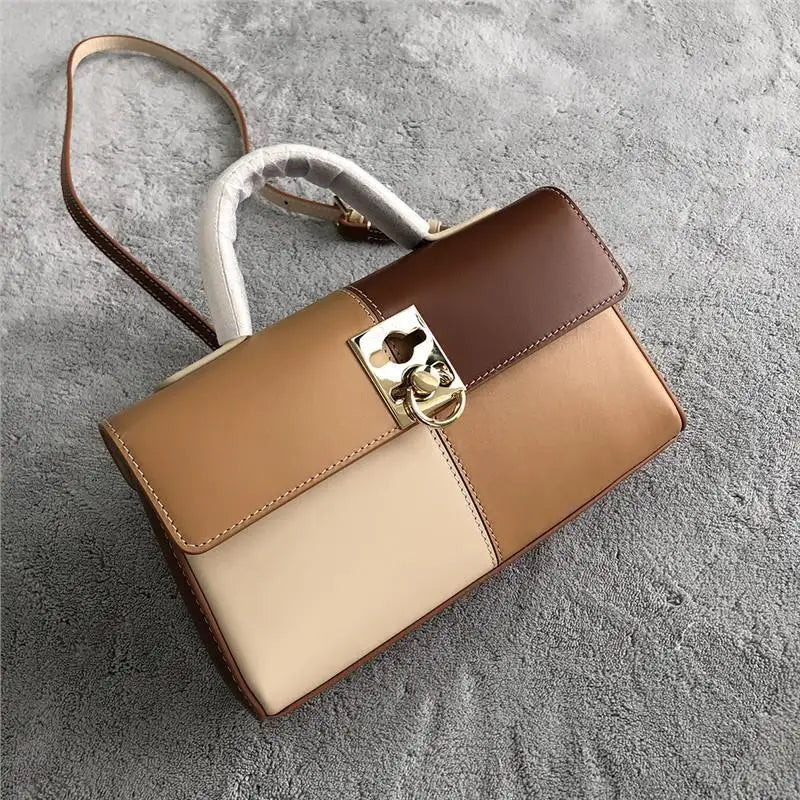 Light Luxury Minority Cowhide Handbags Women Flip Checkerboard Color Matching Purses Versatile Commuter Portable Crossbody Bag