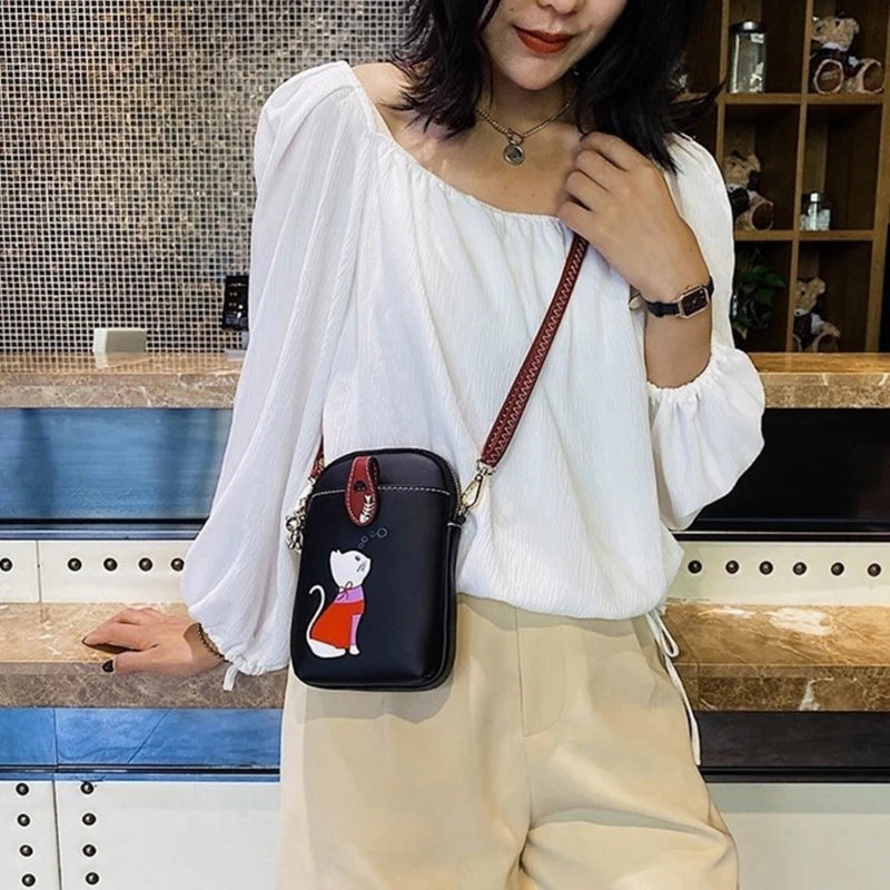 Lightweight PU Crossbody Bag Stylish Mini Shoulder Bag with Cat Print Fashionable Bag Lightweight Bag for Mobile