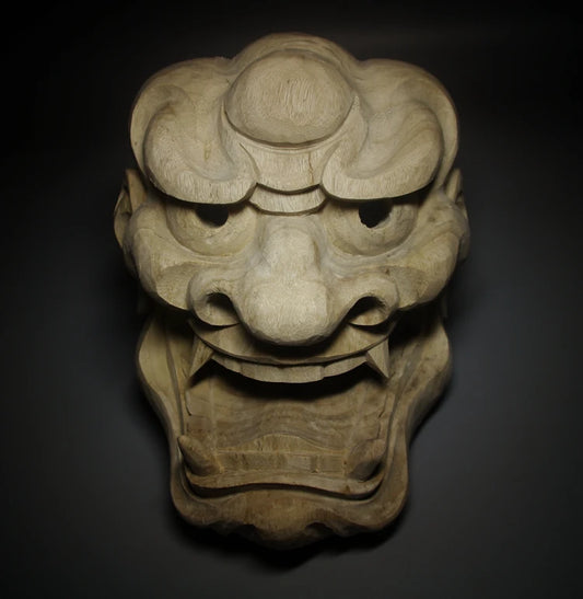 Lion Face Japanese Noh Mask Craftsman Carving Real Wood Statue Drawing Pattern Wall Hanging Wall Decoration Home Decor