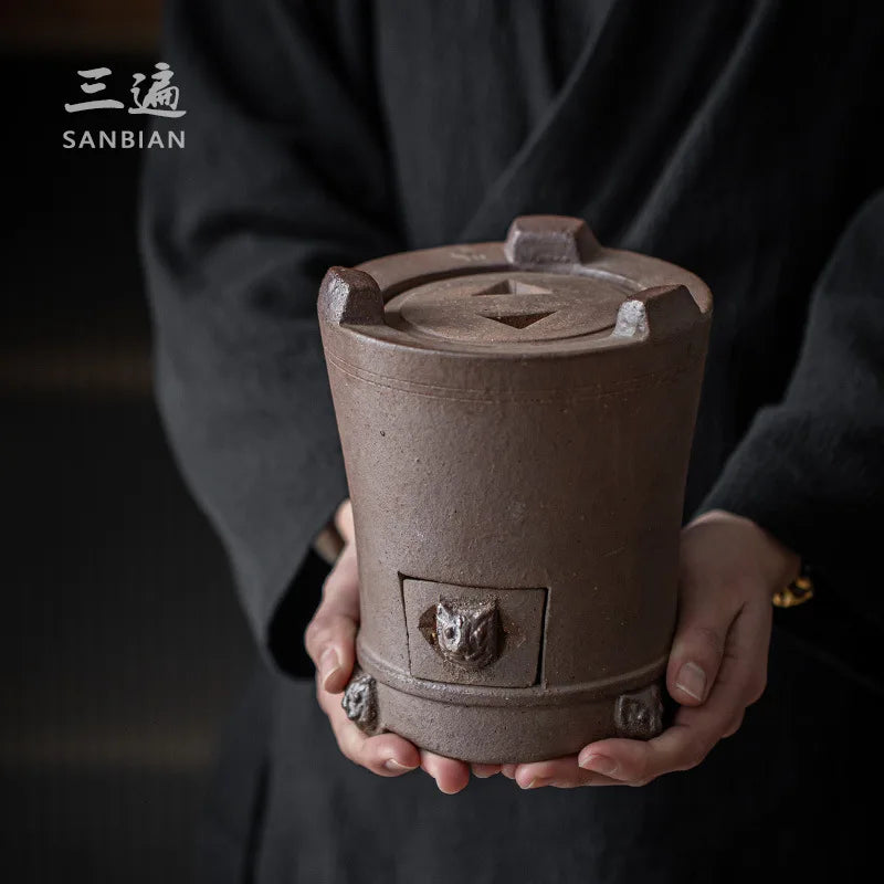 Lion Head Firewood Burning Oven Charcoal Stove Tea Brewing Pot Zen Stoneware Hand-Made Walnut Charcoal Stove Household Charcoa