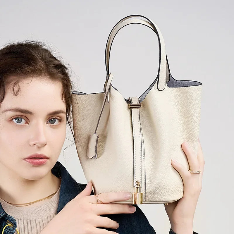 Litchi Pattern Women's Bag 2024 New Bucket Bag Genuine Leather Handbag  Luxury Designer Handbag  Bolso Mujer