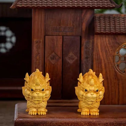 Lobular Boxwood Cliff Cypress Wood Carving Plaything Auspicious Beast Kirin Car Desk Decoration Artifact Buddha Statue Figurine