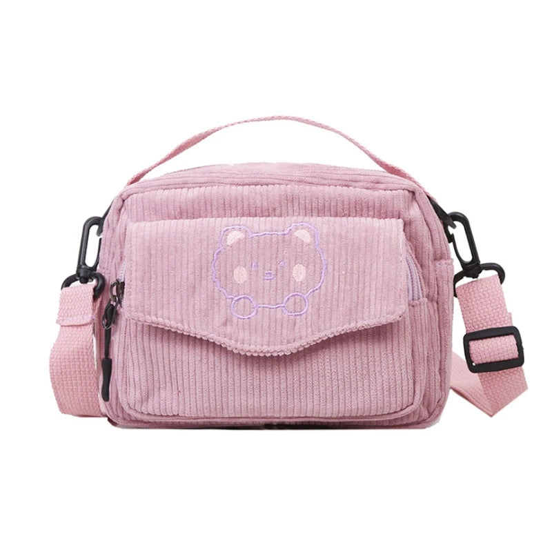 Lolita Girl Handbag Corduroy Shoulder Crossbody Bag Bear Messenger Bag Daughter