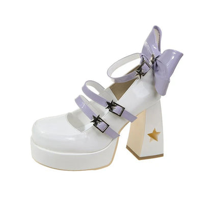 Lolita Style Women Girl Pumps Moon Star Buckle Hollowed Out Thick Block High Heels Mary Janes Party Wedding Bridesmaid Shoes