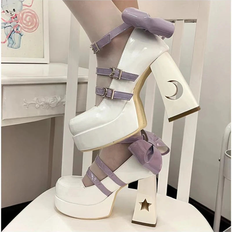 Lolita Style Women Girl Pumps Moon Star Buckle Hollowed Out Thick Block High Heels Mary Janes Party Wedding Bridesmaid Shoes