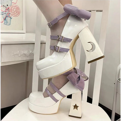 Lolita Style Women Girl Pumps Moon Star Buckle Hollowed Out Thick Block High Heels Mary Janes Party Wedding Bridesmaid Shoes