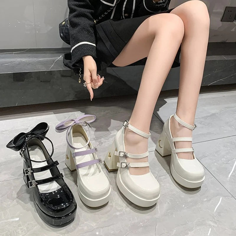Lolita Style Women Girl Pumps Moon Star Buckle Hollowed Out Thick Block High Heels Mary Janes Party Wedding Bridesmaid Shoes