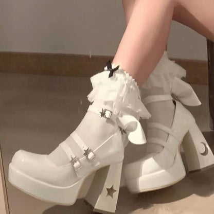 Lolita Style Women Girl Pumps Moon Star Buckle Hollowed Out Thick Block High Heels Mary Janes Party Wedding Bridesmaid Shoes