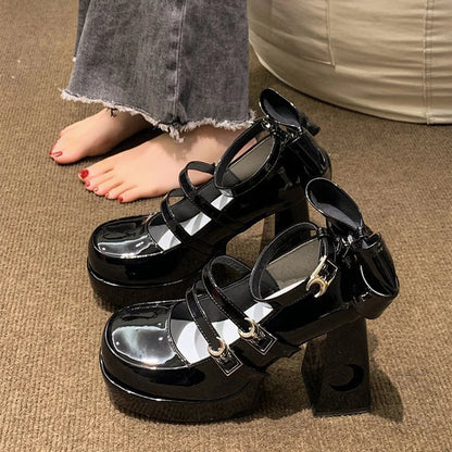 Lolita Style Women Girl Pumps Moon Star Buckle Hollowed Out Thick Block High Heels Mary Janes Party Wedding Bridesmaid Shoes