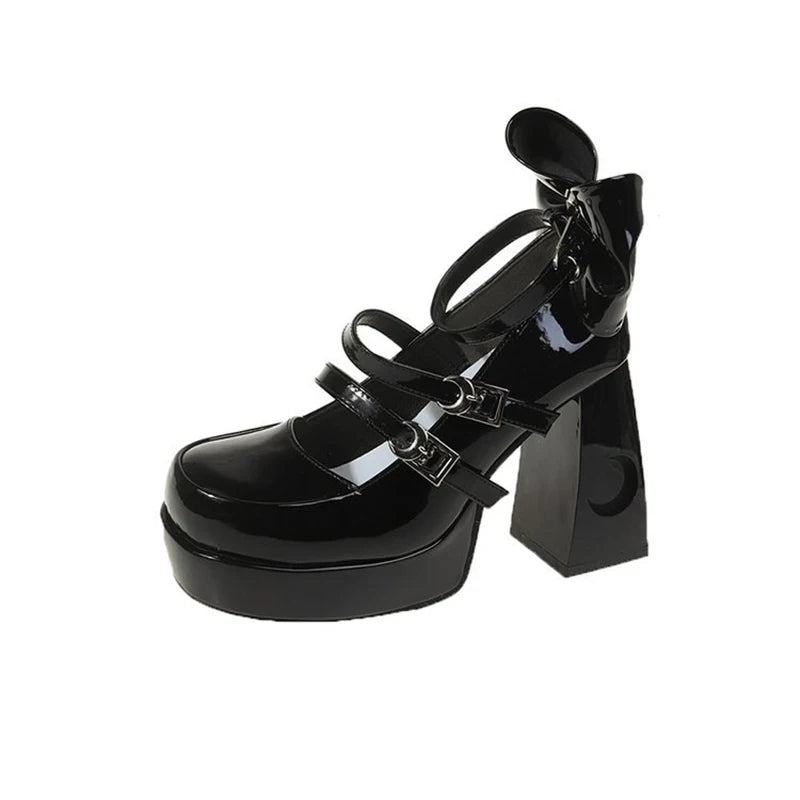 Lolita Style Women Girl Pumps Moon Star Buckle Hollowed Out Thick Block High Heels Mary Janes Party Wedding Bridesmaid Shoes