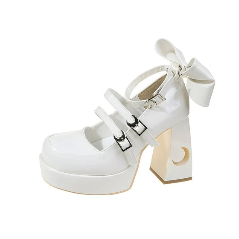 Lolita Style Women Girl Pumps Moon Star Buckle Hollowed Out Thick Block High Heels Mary Janes Party Wedding Bridesmaid Shoes