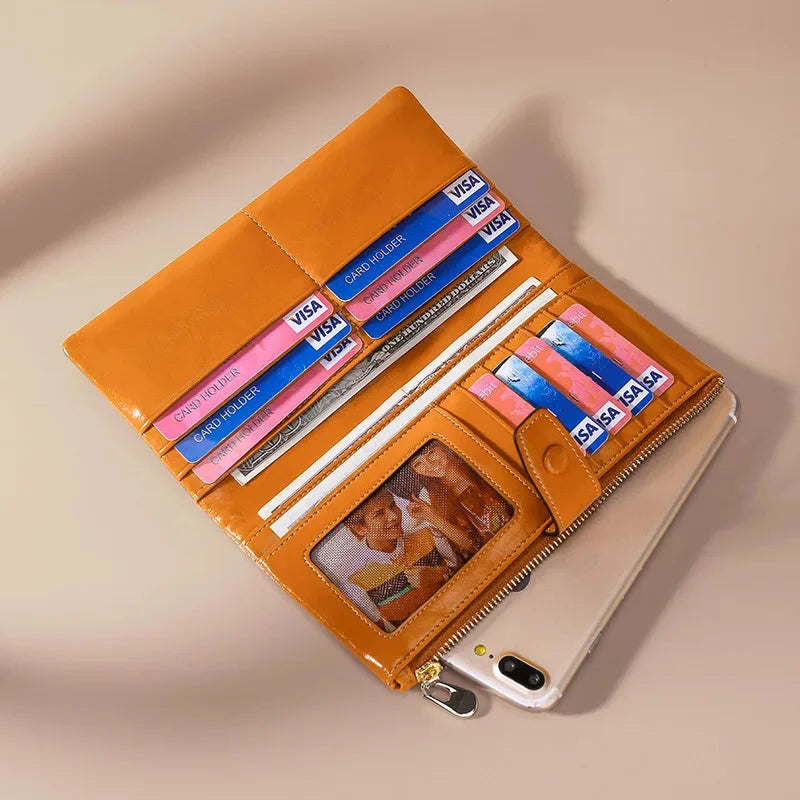Long The First Layer of Cowhide Business Retro Waxed Leather Women's Wallets