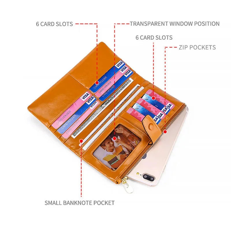 Long The First Layer of Cowhide Business Retro Waxed Leather Women's Wallets