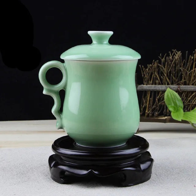 Longquan Teacup Glaze Celadon Coffee Tea Mug Office Elegant Ceramic Tea Cups with Lid Chinese Teaset Drop Shipping