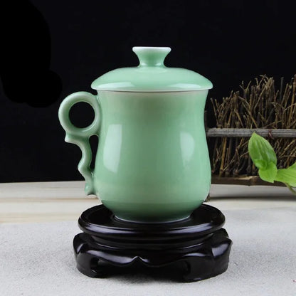 Longquan Teacup Glaze Celadon Coffee Tea Mug Office Elegant Ceramic Tea Cups with Lid Chinese Teaset Drop Shipping