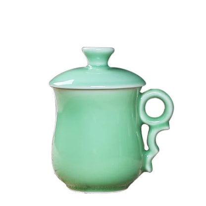 Longquan Teacup Glaze Celadon Coffee Tea Mug Office Elegant Ceramic Tea Cups with Lid Chinese Teaset Drop Shipping