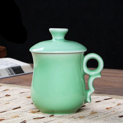 Longquan Teacup Glaze Celadon Coffee Tea Mug Office Elegant Ceramic Tea Cups with Lid Chinese Teaset Drop Shipping
