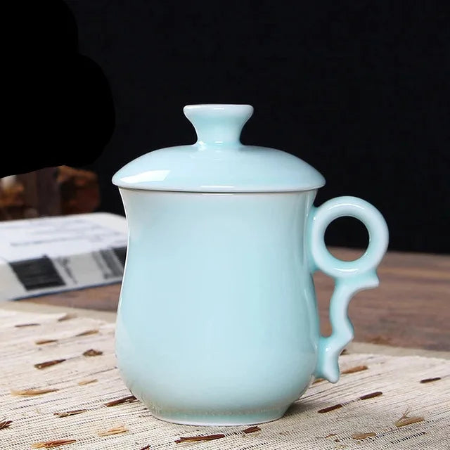 Longquan Teacup Glaze Celadon Coffee Tea Mug Office Elegant Ceramic Tea Cups with Lid Chinese Teaset Drop Shipping