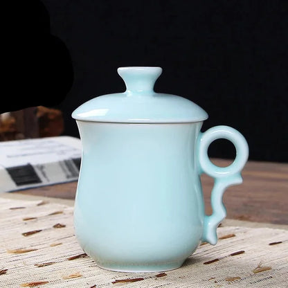 Longquan Teacup Glaze Celadon Coffee Tea Mug Office Elegant Ceramic Tea Cups with Lid Chinese Teaset Drop Shipping