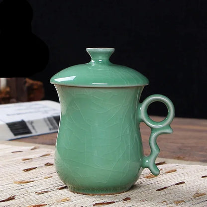 Longquan Teacup Glaze Celadon Coffee Tea Mug Office Elegant Ceramic Tea Cups with Lid Chinese Teaset Drop Shipping