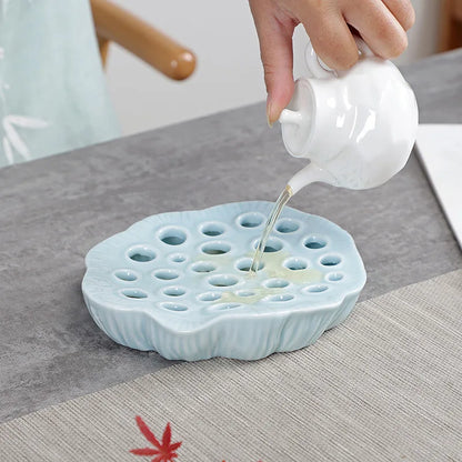 Lotus Ceramic Retro Pot Tray Bamboo Tea Tray Base Small Water Storage Tea Table Teapot Holder Tea Pot Base Water Drop Container