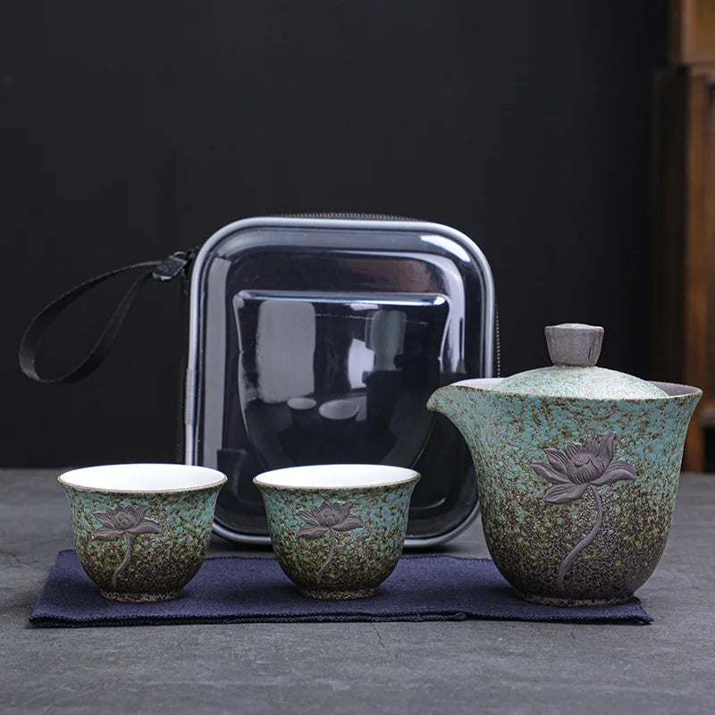 Lotus Kung Fu Travel Tea Set Ceramic Teapot Teacup Gaiwan Porcelain Teaset Kettles Teaware Sets Drinkware Tea Ceremony