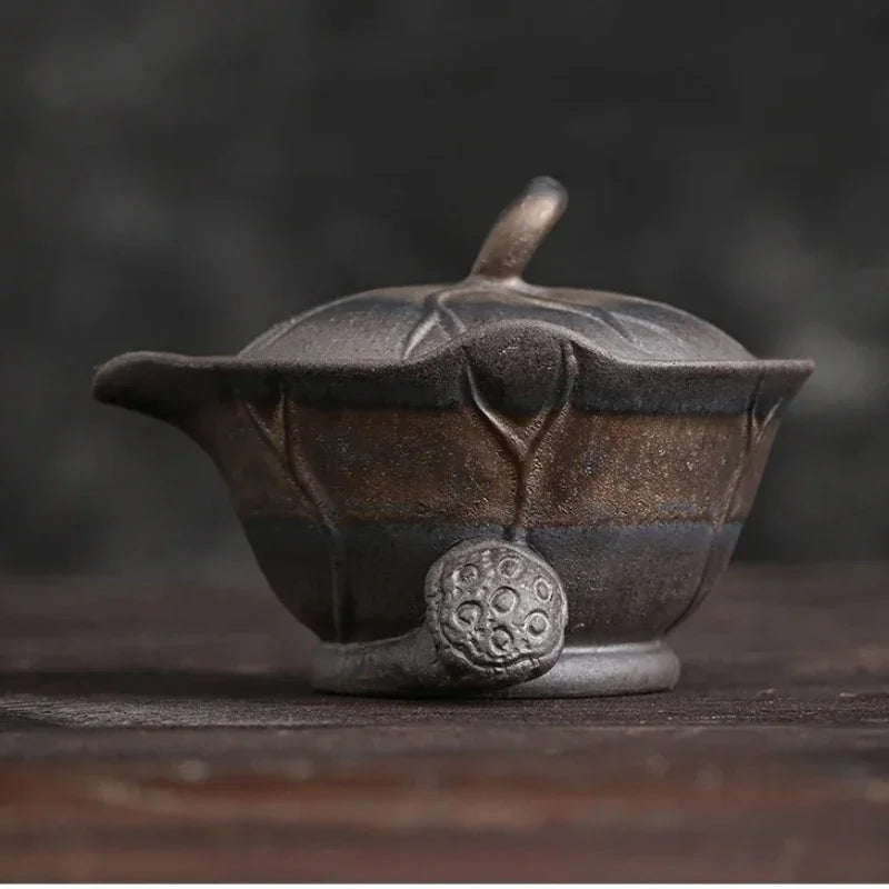 Lotus Leaf Hand-Held Pot Old Rock Mud Gilt Iron Glaze Kung Fu Tea Set Handmade Coarse Pottery Teapot Tea Bowl  Ceramic Gaiwan