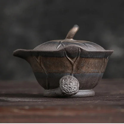 Lotus Leaf Hand-Held Pot Old Rock Mud Gilt Iron Glaze Kung Fu Tea Set Handmade Coarse Pottery Teapot Tea Bowl  Ceramic Gaiwan