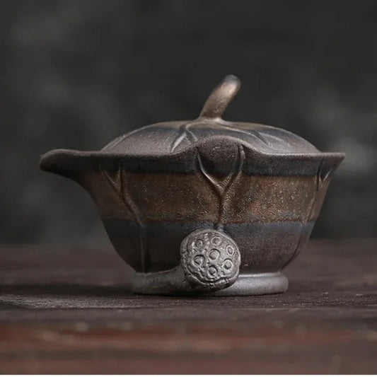 Lotus Leaf Hand-Held Pot Old Rock Mud Gilt Iron Glaze Kung Fu Tea Set Handmade Coarse Pottery Teapot Tea Bowl  Ceramic Gaiwan