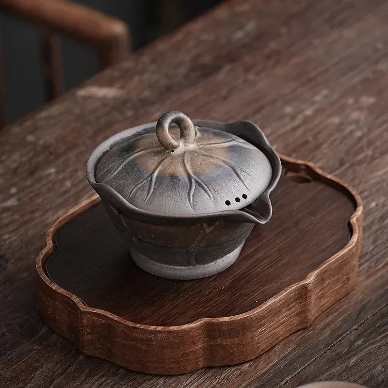 Lotus Leaf Hand-Held Pot Old Rock Mud Gilt Iron Glaze Kung Fu Tea Set Handmade Coarse Pottery Teapot Tea Bowl  Ceramic Gaiwan