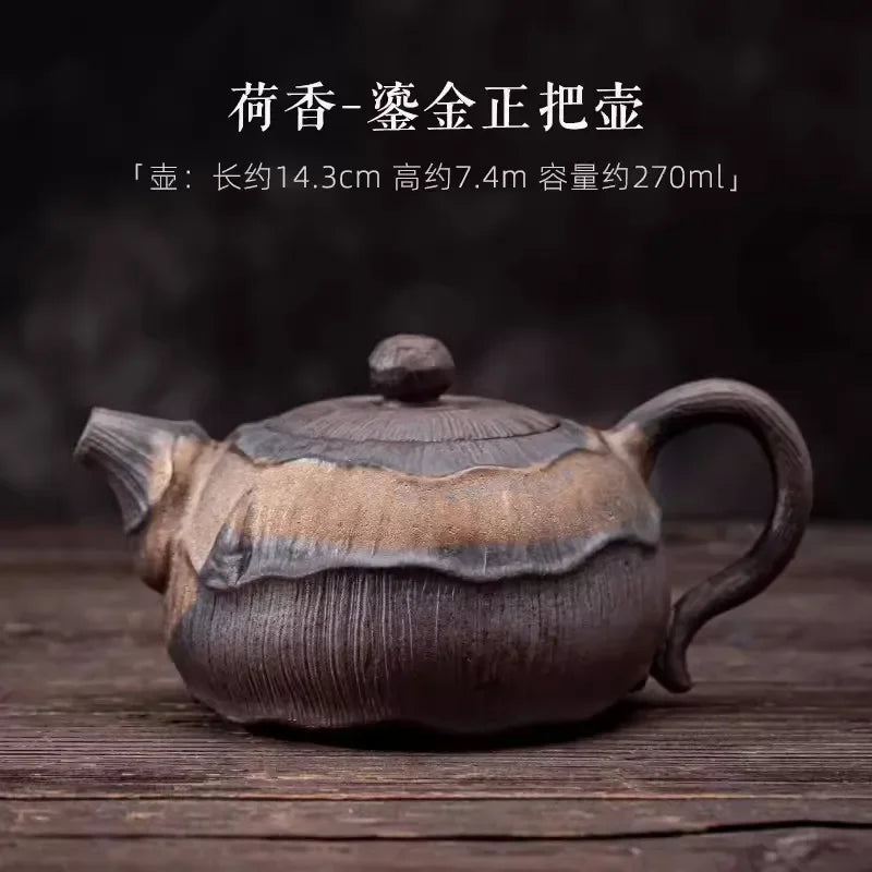 Lotus Teapot New Chinese Handmade Rough Pottery Teaware Ceramic Vintage Kung Fu Tea Set White Tea Rock Tea Pu'er Single Pot