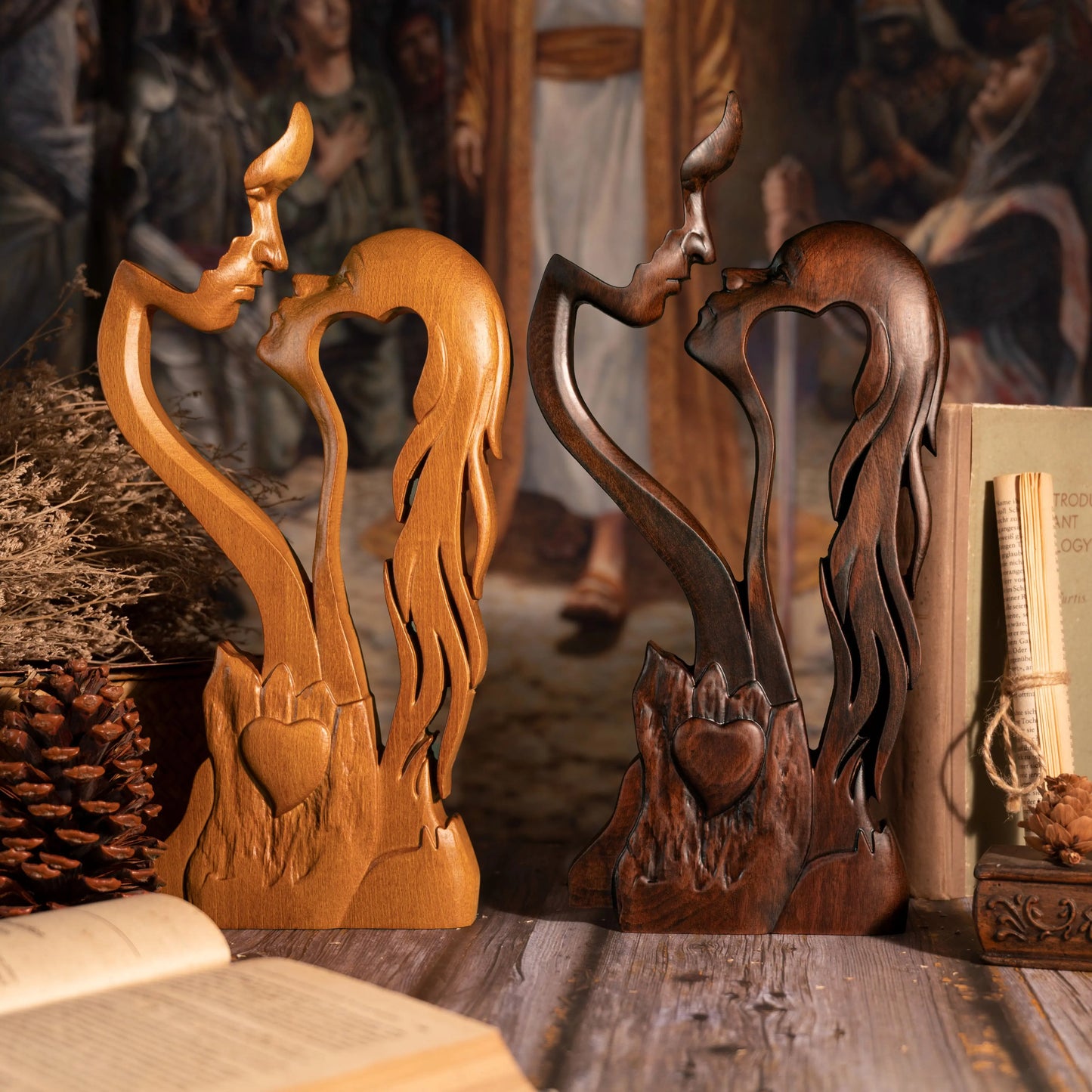 Love Forever Wooden Ornament Tabletop Home Decor Sculpture Couple Kissing Love Art Ornament Figurine Wedding Gift