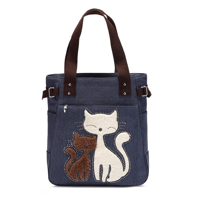 Lovely Cute Cat Canvas Handbag for Girls Ladies Large Capacity Casual Bag Women Portable Solid Zipper Shoulder Bag Bolsos Mujer