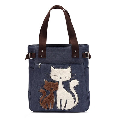 Lovely Cute Cat Canvas Handbag for Girls Ladies Large Capacity Casual Bag Women Portable Solid Zipper Shoulder Bag Bolsos Mujer